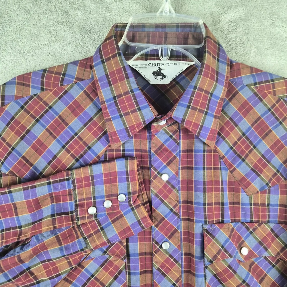 Chute 1 Mens Western Shirt Large Pearl Snap Plaid Long Sleeve Ranchwear Vintage
